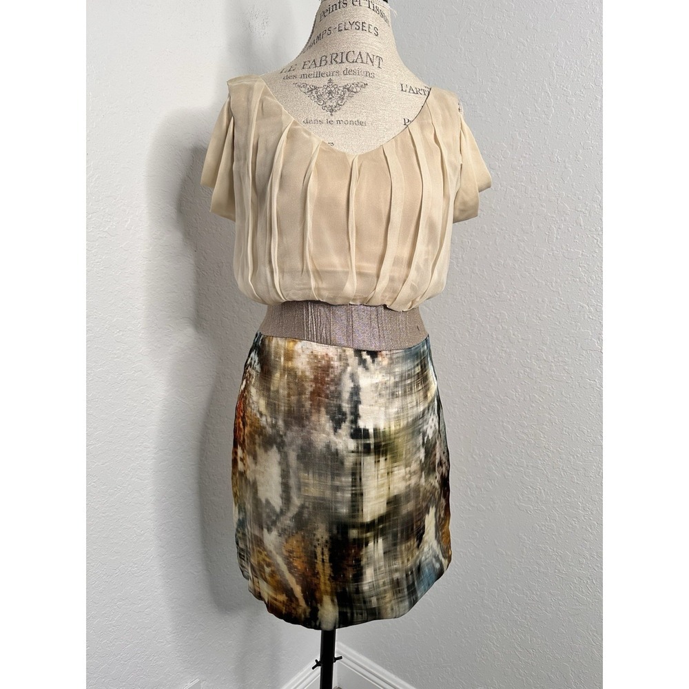 Black Halo 100% Silk Cold Shoulder Mini Dress Two tone Pleated Top